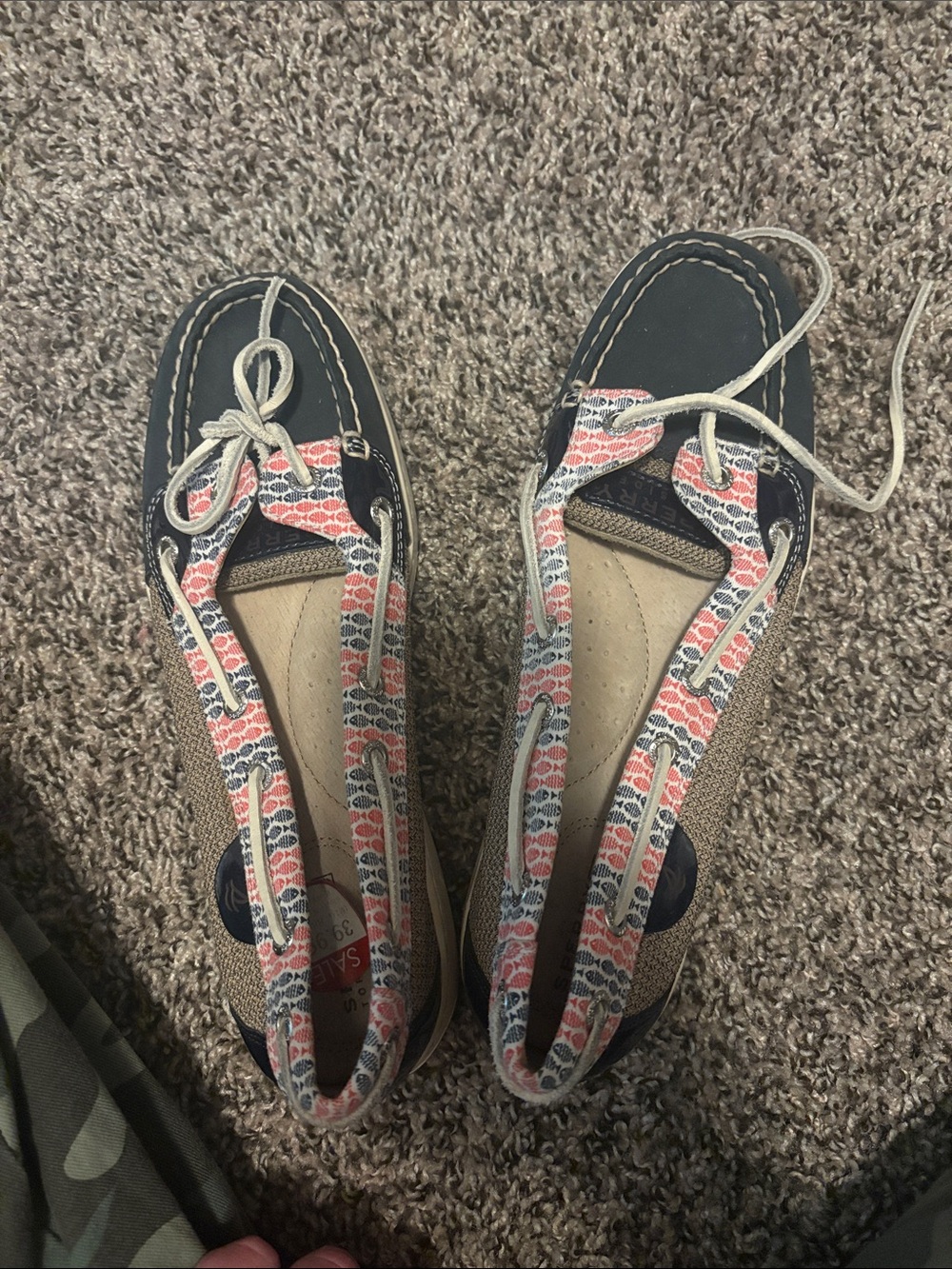 Sperry Topsider boat shoes Navy and Coral Fish Pattern